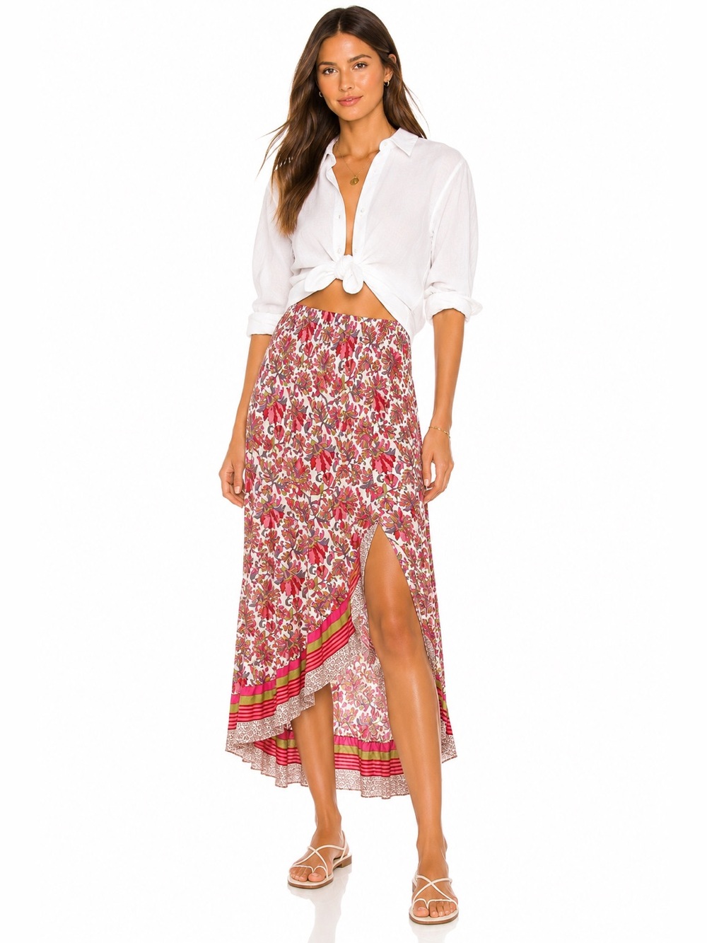 Boho Floral High-Low Maxi Skirt | Pink & Olive Print | Smocked Waist |